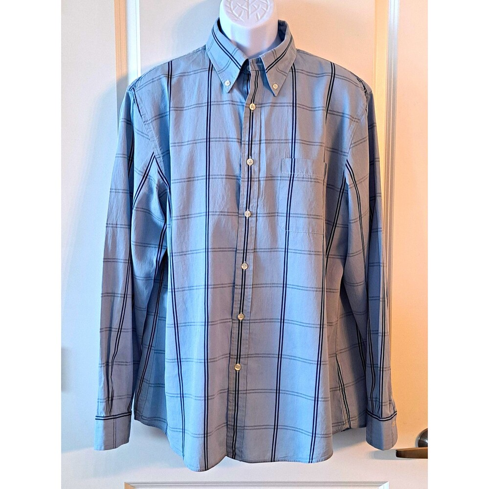 Brooks Brothers Regent Fit Mens Large Blue Plaid Button Down Shirt 100% Cotton